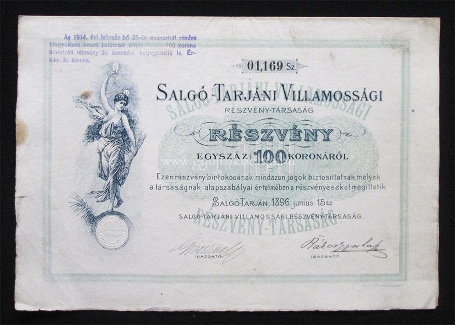Salg�-Tarj�ni Villamoss�gi R�szv�nyt�rsas�g r�szv�ny 100 korona 1896